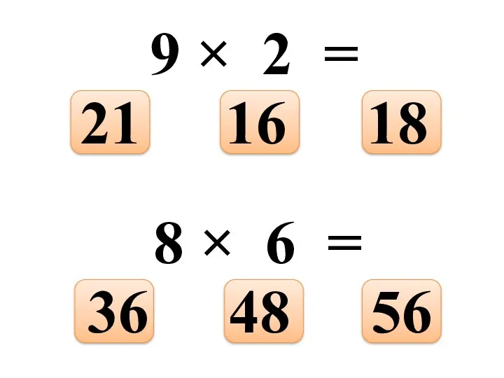 9 × 2 = 18 16 21 8 × 6 = 56 48 36