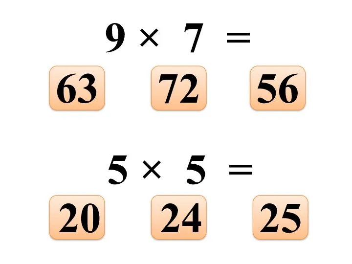 9 × 7 = 56 72 63 5 × 5 = 25 24 20