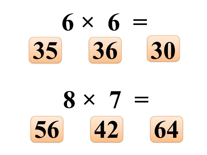 6 × 6 = 30 36 35 8 × 7 = 64 42 56