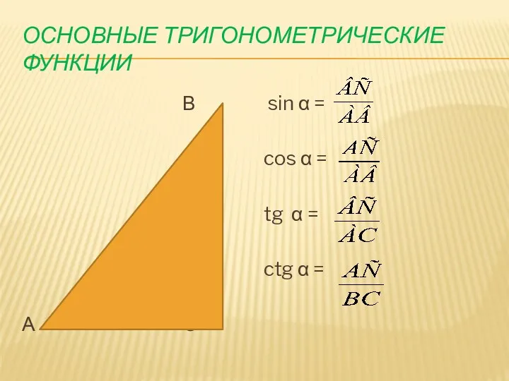 Основные тригонометрические функции В А С sin α = cos α = tg