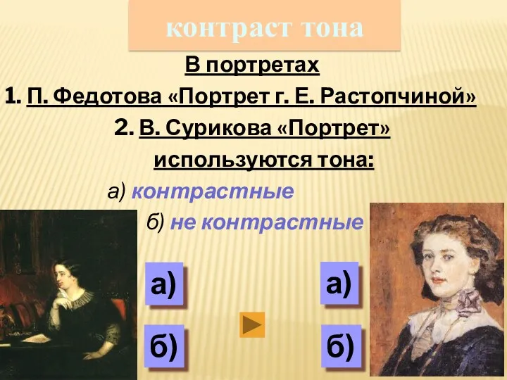 контраст тона В портретах 1. П. Федотова «Портрет г. Е. Растопчиной» 2. В.
