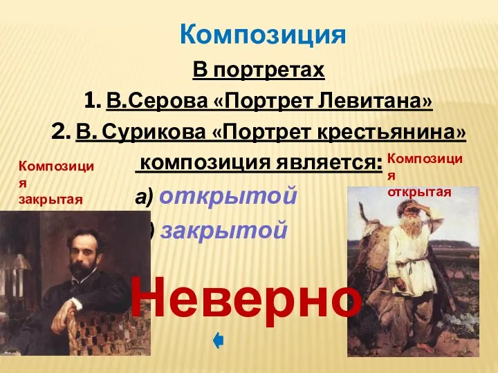 В портретах 1. В.Серова «Портрет Левитана» 2. В. Сурикова «Портрет крестьянина» композиция является: