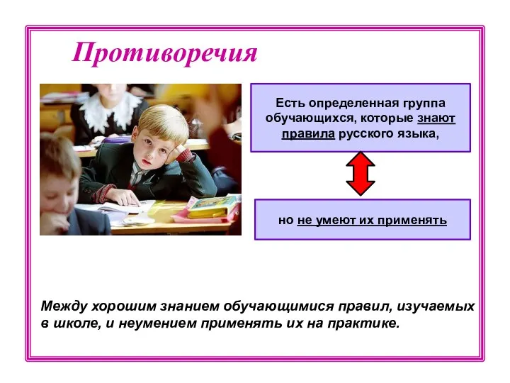 Противоречия Есть определенная группа обучающихся, которые знают правила русского языка,