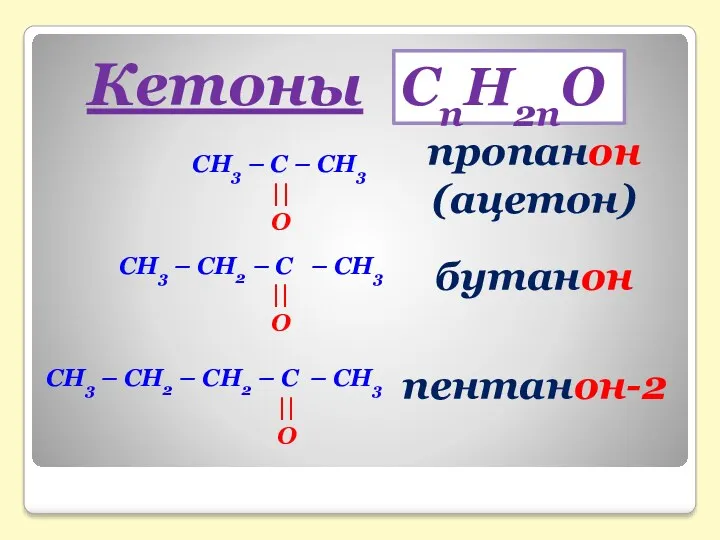 Кетоны СН3 – C – СН3 || O СН3 – СН2 – C