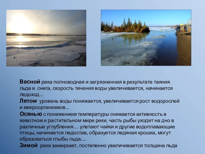 Весной река полноводная и загрязненная в результате таяния льда и