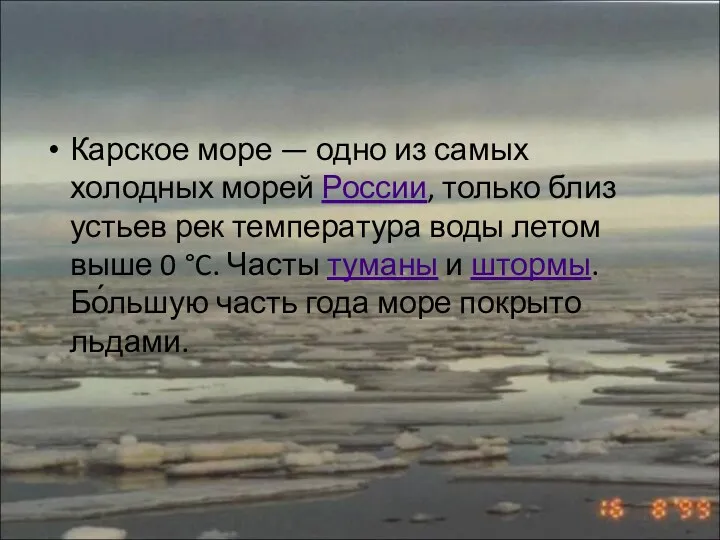 Карское море — одно из самых холодных морей России, только близ устьев рек