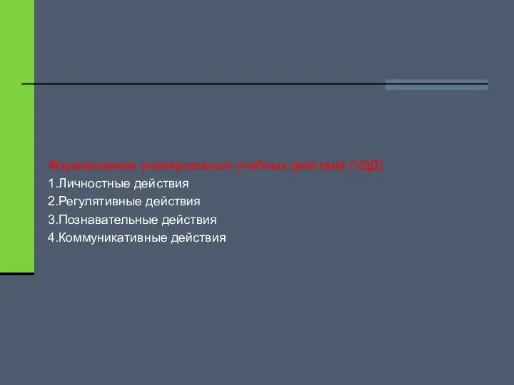 Формирование универсальных учебных действий (УДД) 1.Личностные действия 2.Регулятивные действия 3.Познавательные действия 4.Коммуникативные действия