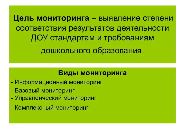 Цель мониторинга – выявление степени соответствия результатов деятельности ДОУ стандартам