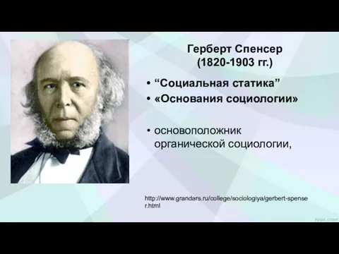 Герберт Спенсер (1820-1903 гг.) “Социальная статика” «Основания социологии» основоположник органической социологии, http://www.grandars.ru/college/sociologiya/gerbert-spenser.html