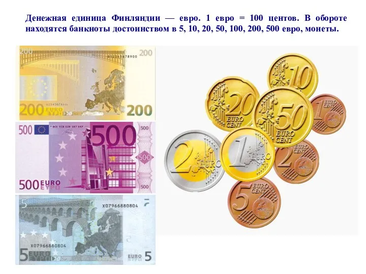 Денежная единица Финляндии — евро. 1 евро = 100 центов.
