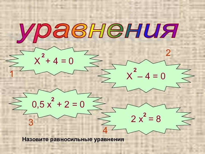 уравнения Х – 4 = 0 2 х = 8