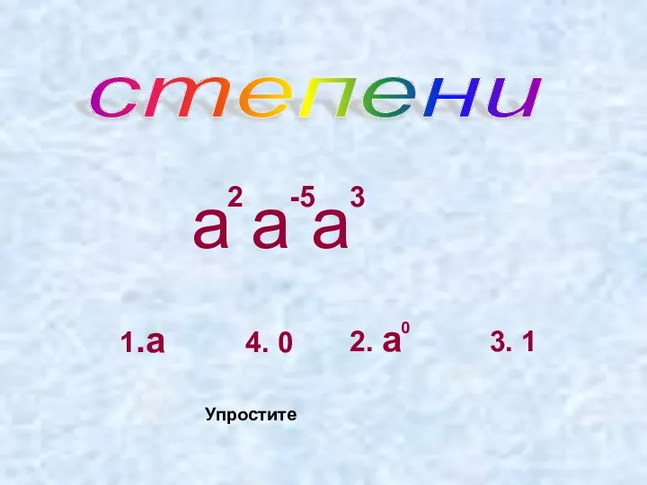 степени а а а 2 -5 3 1.а 4. 0 0 Упростите 2. а 3. 1