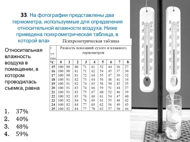 33. На фотографии представлены два термометра, используемые для определения относительной влажности воздуха. Ниже