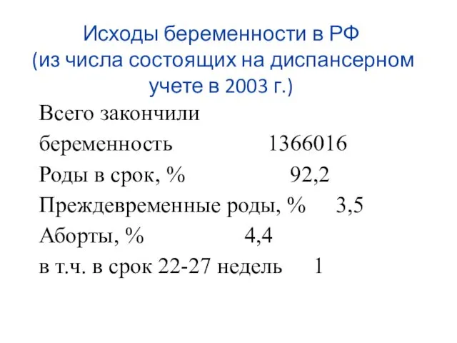 Исходы беременности в РФ (из числа состоящих на диспансерном учете в 2003 г.)