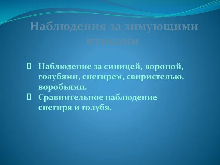 Наблюдение за синицей, вороной, голубями, снегирем, свиристелью, воробьями. Сравнительное наблюдение