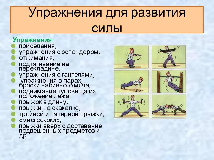 Упражнения для развития силы Упражнения: приседания, упражнения с эспандером, отжимания, подтягивание на перекладине,