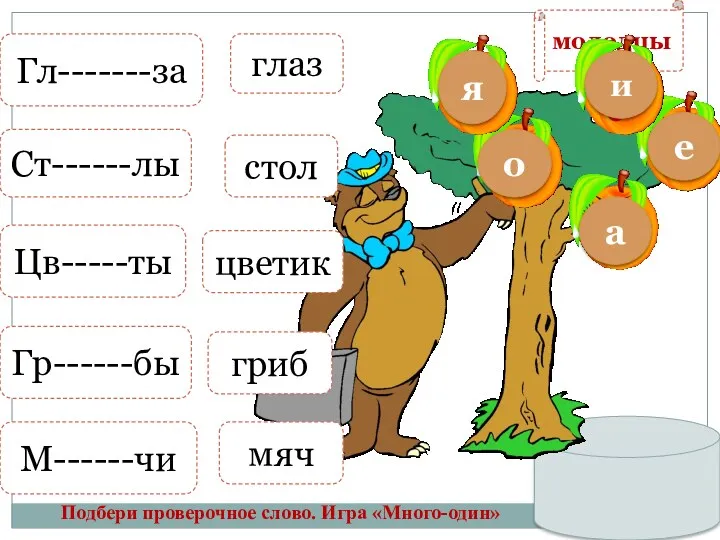 молодцы Подбери проверочное слово. Игра «Много-один» Гл-------за Цв-----ты Гр------бы М------чи Ст------лы а глаз