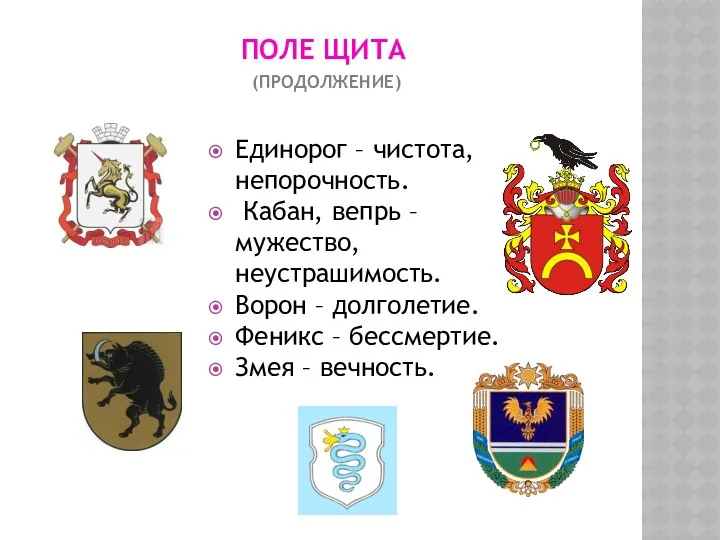 ПОЛЕ ЩИТА (продолжение) Единорог – чистота, непорочность. Кабан, вепрь – мужество, неустрашимость. Ворон