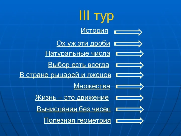 III тур История Ох уж эти дроби Натуральные числа Выбор