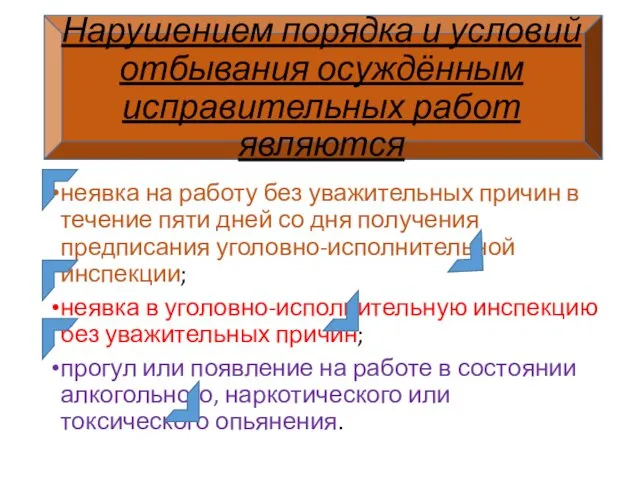 Нарушением порядка и условий отбывания осуждённым исправительных работ являются неявка