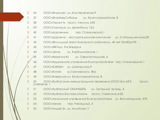 36 ООО «Втормет» ул. Кооперативная,9 37 ООО «ВторМедСибирь» ул. Красноармейская,