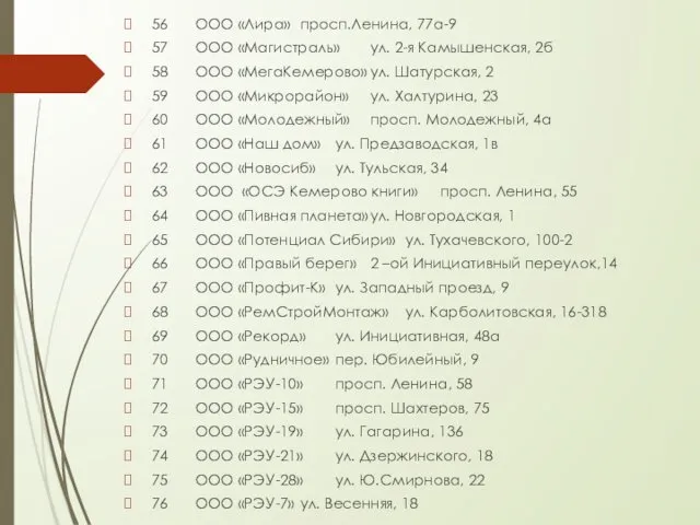 56 ООО «Лира» просп.Ленина, 77а-9 57 ООО «Магистраль» ул. 2-я