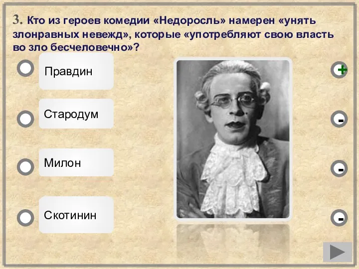 3. Кто из героев комедии «Недоросль» намерен «унять злонравных невежд»,