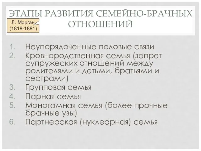 ЭТАПЫ РАЗВИТИЯ СЕМЕЙНО-БРАЧНЫХ ОТНОШЕНИЙ Неупорядоченные половые связи Кровнородственная семья (запрет супружеских отношений между