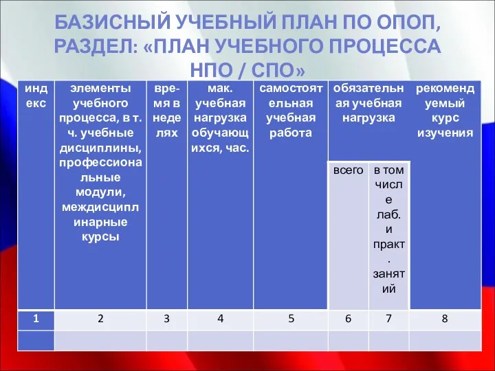 БАЗИСНЫЙ УЧЕБНЫЙ ПЛАН ПО ОПОП, РАЗДЕЛ: «ПЛАН УЧЕБНОГО ПРОЦЕССА НПО / СПО»