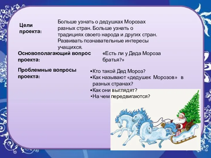 Цели проекта: Больше узнать о дедушках Морозах разных стран. Больше