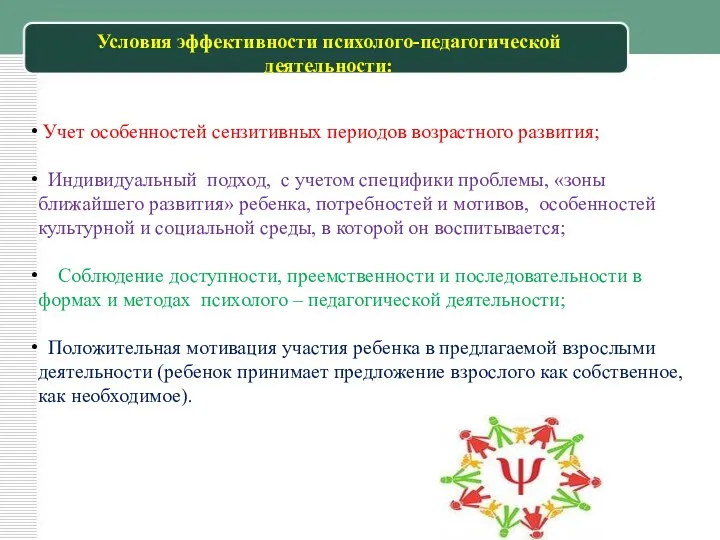 Условия эффективности психолого-педагогической деятельности: Учет особенностей сензитивных периодов возрастного развития; Индивидуальный подход, с