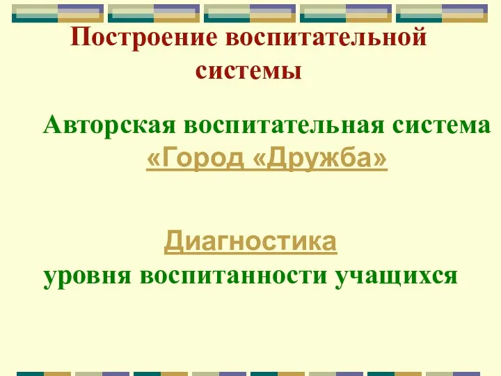 Построение воспитательной системы Авторская воспитательная система «Город «Дружба» Диагностика уровня воспитанности учащихся