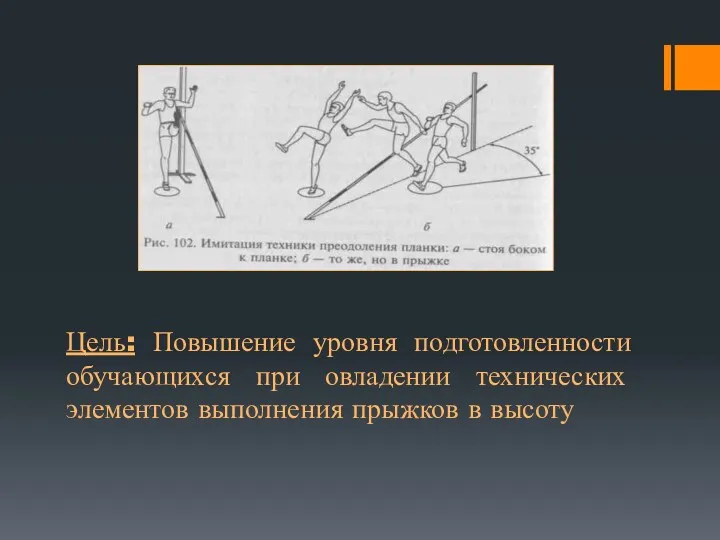 Цель: Повышение уровня подготовленности обучающихся при овладении технических элементов выполнения прыжков в высоту