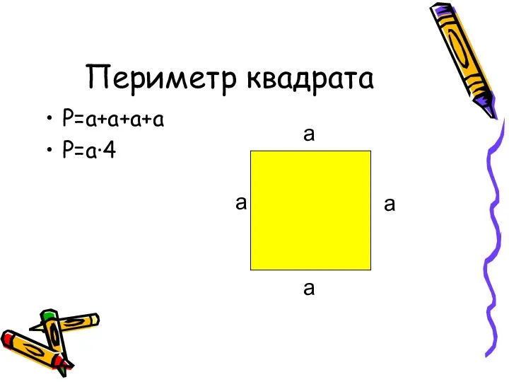 Периметр квадрата Р=a+a+a+a P=a·4 a a a a