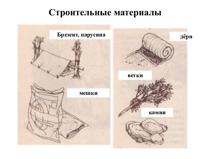 Строительные материалы Брезент, парусина мешки дёрн ветки камни