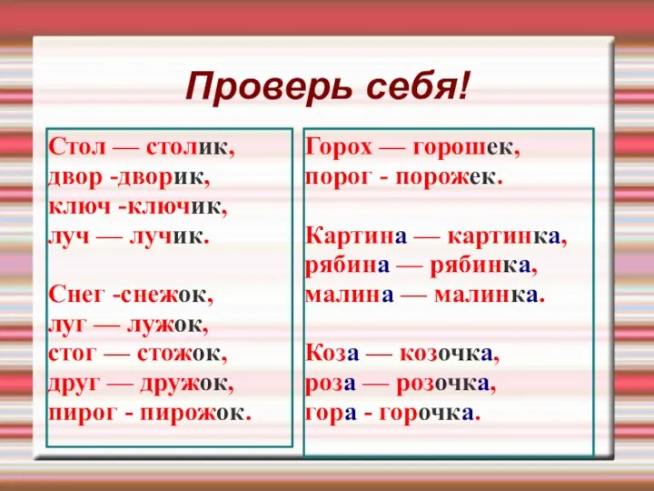 Проверь себя! Стол — столик, двор -дворик, ключ -ключик, луч