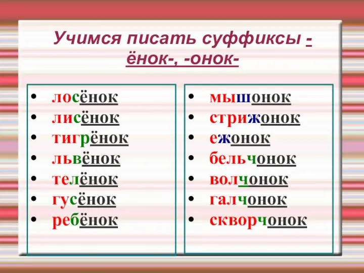 Учимся писать суффиксы -ёнок-, -онок- лосёнок лисёнок тигрёнок львёнок телёнок