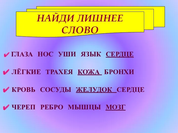 ГЛАЗА НОС УШИ ЯЗЫК СЕРДЦЕ ЛЁГКИЕ ТРАХЕЯ КОЖА БРОНХИ КРОВЬ СОСУДЫ ЖЕЛУДОК СЕРДЦЕ