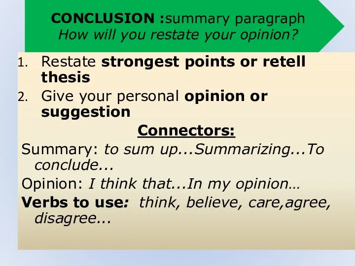 CONCLUSION :summary paragraph How will you restate your opinion? Restate