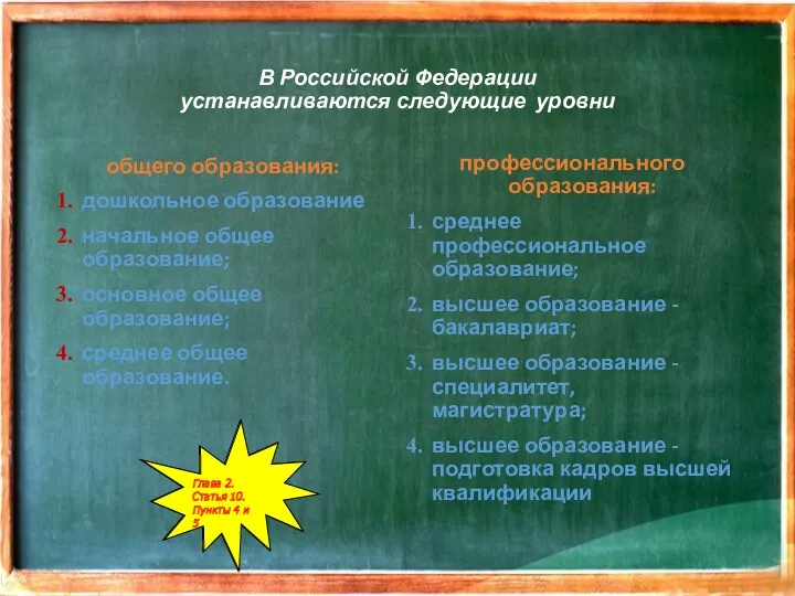 В Российской Федерации устанавливаются следующие уровни общего образования: дошкольное образование