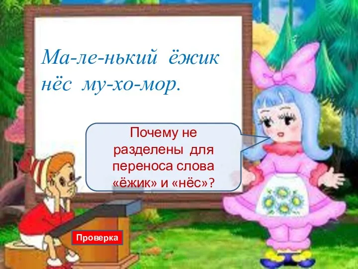 Почему не разделены для переноса слова «ёжик» и «нёс»? Проверка Ма-ле-нький ёжик нёс му-хо-мор.