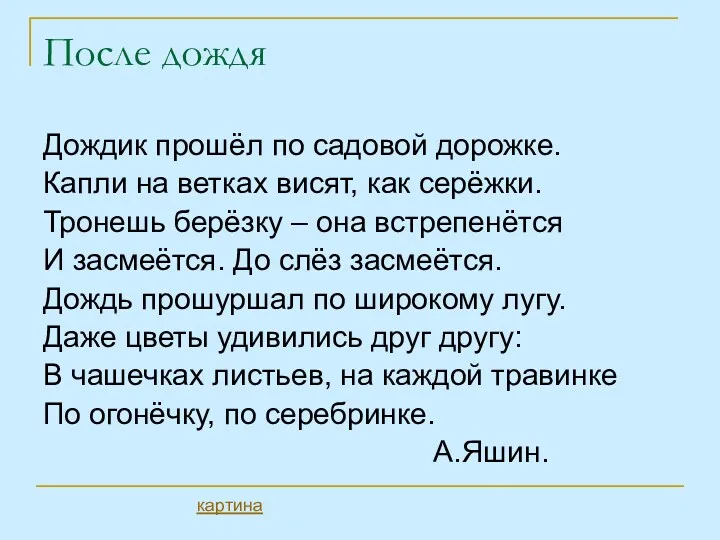 После дождя Дождик прошёл по садовой дорожке. Капли на ветках