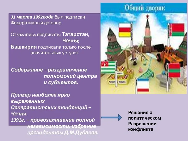 31 марта 1992года был подписан Федеративный договор. Отказались подписать: Татарстан,