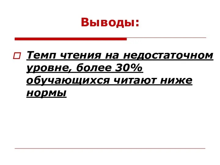 Выводы: Темп чтения на недостаточном уровне, более 30% обучающихся читают ниже нормы