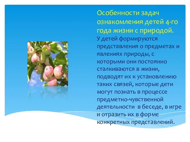 Особенности задач ознакомления детей 4-го года жизни с природой. У детей формируются представления