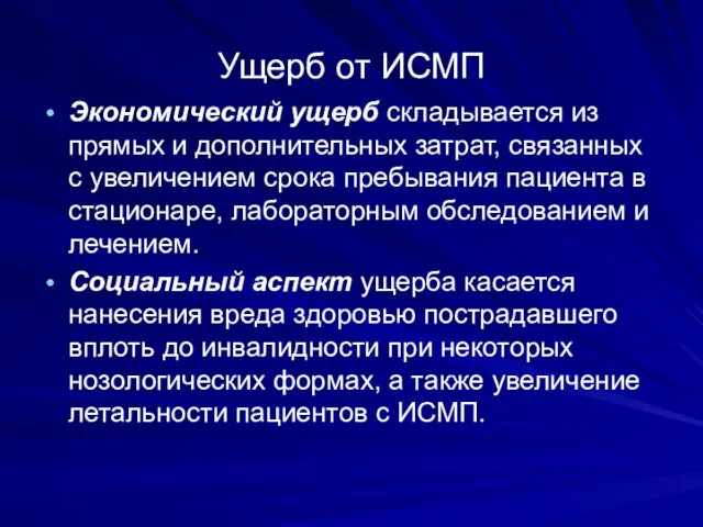 Ущерб от ИСМП Экономический ущерб складывается из прямых и дополнительных