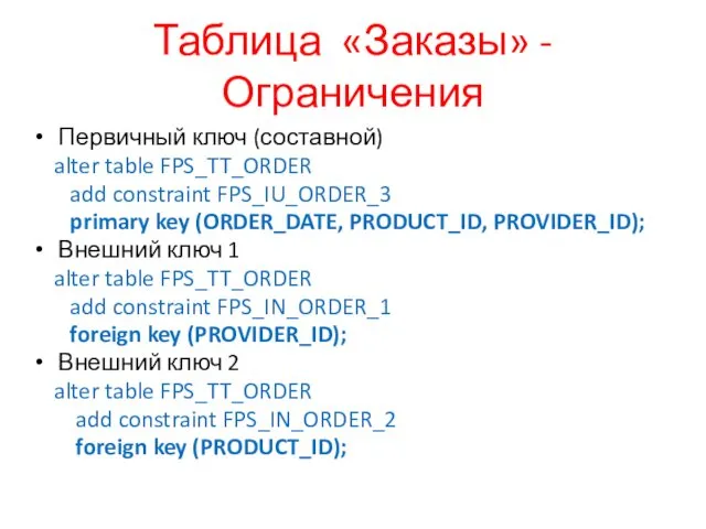 Таблица «Заказы» - Ограничения Первичный ключ (составной) alter table FPS_TT_ORDER add constraint FPS_IU_ORDER_3