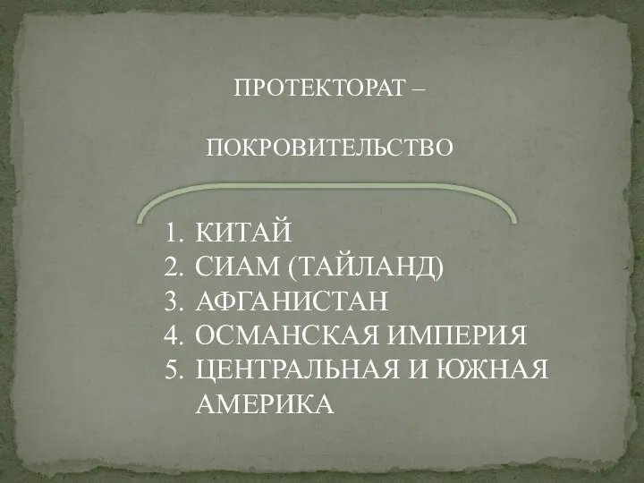 ПРОТЕКТОРАТ – ПОКРОВИТЕЛЬСТВО КИТАЙ СИАМ (ТАЙЛАНД) АФГАНИСТАН ОСМАНСКАЯ ИМПЕРИЯ ЦЕНТРАЛЬНАЯ И ЮЖНАЯ АМЕРИКА