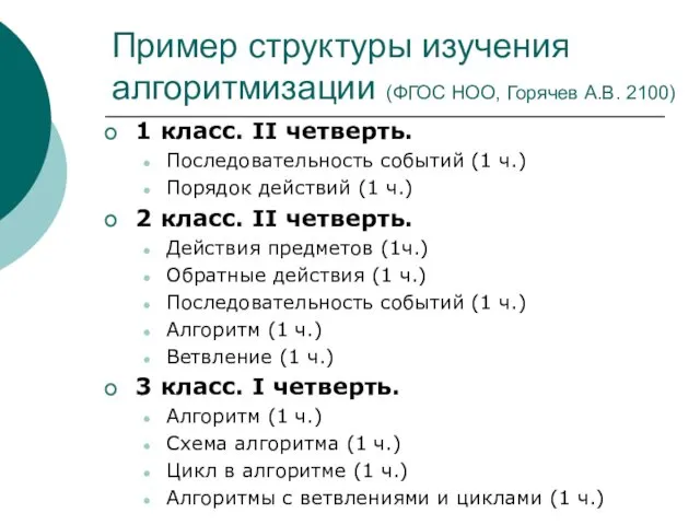 Пример структуры изучения алгоритмизации (ФГОС НОО, Горячев А.В. 2100) 1