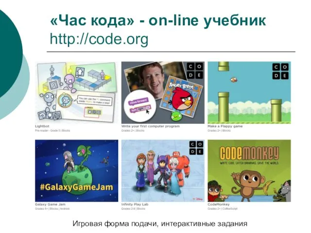 «Час кода» - on-line учебник http://code.org Игровая форма подачи, интерактивные задания